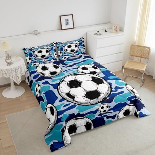 Football Sports Bedding Set Toddler Size Soccer American Ball Games Comforter Set for Kids Teens Boys Room Decor Blue Camouflage Down Comforter Hexagon Geometric Quilt Set with 1 Pillowcase