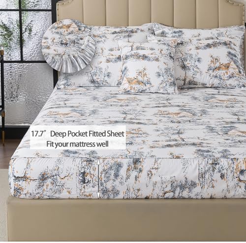 FADFAY Toile Sheets Set Queen 100% Egyptian Cotton French Country Toile de Jouy Bedding Classic Black and Gold Floral Bed Sheets Shabby Farmhouse Bedding Breathable Soft Deep Pocket 4Pcs, Queen Size