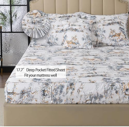 FADFAY Toile Sheets Set Queen 100% Egyptian Cotton French Country Toile de Jouy Bedding Classic Black and Gold Floral Bed Sheets Shabby Farmhouse Bedding Breathable Soft Deep Pocket 4Pcs, Queen Size