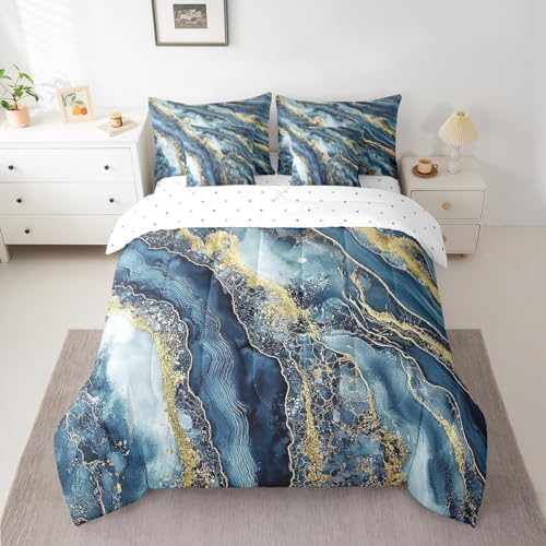 Erosebridal Indigo Tie Dye Bedding Set for Kids Teens,Abstract Marble Comforter Set Full Size,Ink Fluid Art (Comforter+Fitted+Flat Sheet+2 Pillowcases+2 Throw Pillow Covers) 7 Pieces Bed Set