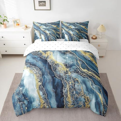 Erosebridal Indigo Tie Dye Bedding Set for Kids Teens,Abstract Marble Comforter Set Full Size,Ink Fluid Art (Comforter+Fitted+Flat Sheet+2 Pillowcases+2 Throw Pillow Covers) 7 Pieces Bed Set