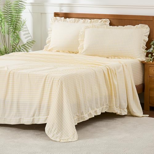 Gingham King Sheet Set, Lightweight Super Soft Brushed Microfiber Plaid Bed Sheets with 16" Deep Pocket, 4 Piece Ruffle Farmhouse Bedroom Decor, Yellow