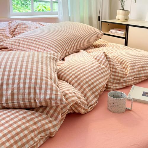 LifeTB Pink Gingham Comforter Set Twin XL Modern Style Pink Plaid Comforter Set Soft Fluffy 3 Pieces Grid Checkered Pattern Comforter with 2 Pillowcases Farmhouse Gingham Bedding Set Twin XL