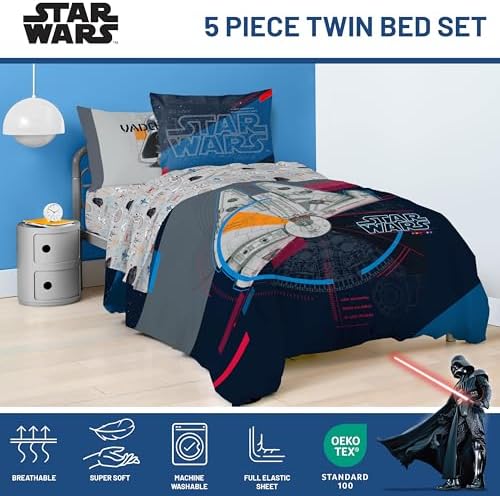 Star Wars Twin Comforter Set 5 Piece Soft Bedding for Boys, Dark Blue
