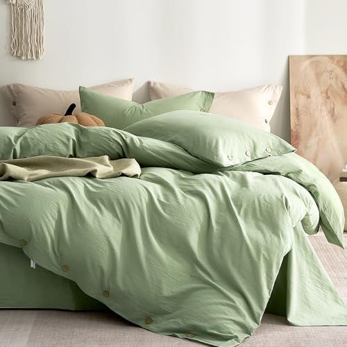 JELLYMONI 100% Washed Cotton Mint Green Duvet Cover Queen, Linen-Like