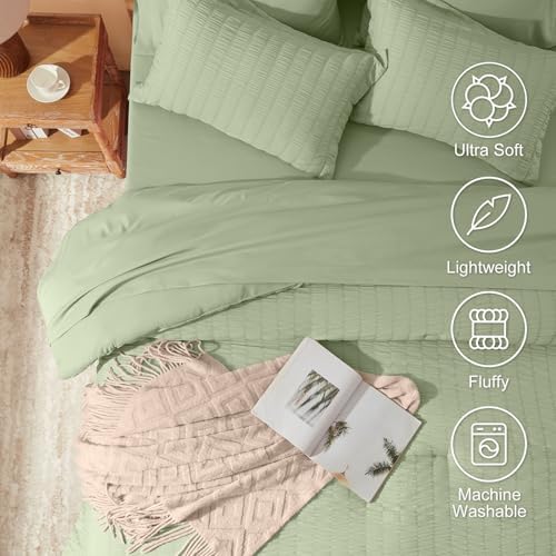 Laojin Balhen King Size Comforter Set 7 Pieces, Sage Green Seersucker Bed in a Bag Set King Size, All Season Luxury Bedding Sets with Comforter, Sheets, Pillowcase & Sham