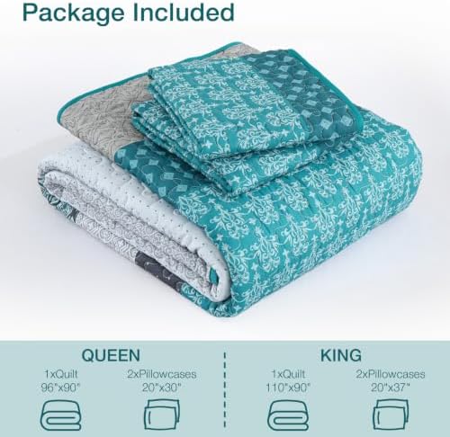 WONGS BEDDING Teal Blue King Size Quilt Set, Boho Striped Bedspread
