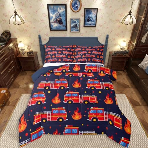 Erosebridal Boys Fire Truck Bedding Set King, Cartoon Red Firemen Car Comforter Set for Kids Teens Men Room Decor, Dark Blue Comforter, Fire Engine Polka Dots Quilt with 2 Pillowcases, 3 Pcs