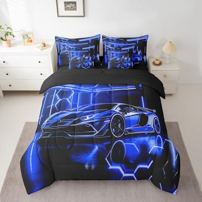 Feelyou Speed Sports Car Comforter Set with Sheets Twin Size Kids Race Car Honeycomb 7 Pieces Bedding Set for Boys Girls Teens Racing Car Bed in a Bag Breathable Extreme Sports Bed Set Blue Black