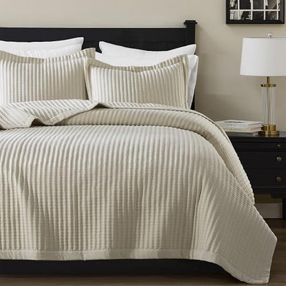 WDCOZY Beige Twin Size Quilt Set, Striped Pick Stitch Bedspread
