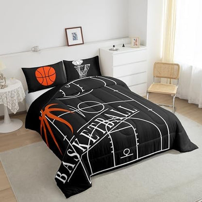 Erosebridal Boys Basketball Comforter Twin for Kids Teens Sports Theme Bedding Set, Black White Down Comforter Ball Gamer Bed Set, Cartoon Basketball Court Quilted Duvet (Black Reversible)