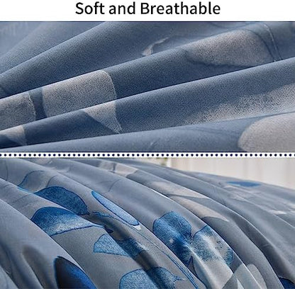 DJY Blue Comforter Set King, Navy Botanical Leaves Comforter for King Bed 3 Pieces Reversible Floral Bed Comforter Sets Soft Microfiber Bedding Set for All Season (104"x90")