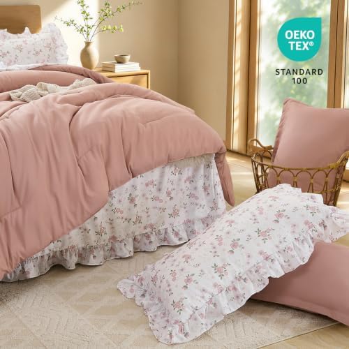 WONGS BEDDING 8PC Queen Comforter Set, Ruffle Comforter with Floral Sheets