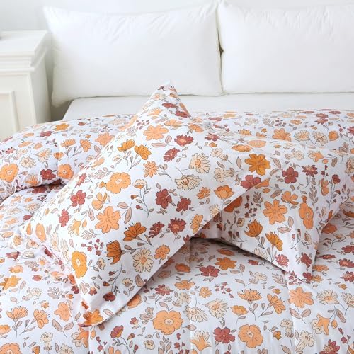 Mooreeke Floral Queen Size Comforter Sets, Orange and Red Vintage Floral Patterned Bedding for All Seasons, 3-Piece Vintage Bed in a Bag with Fluffy Quilted Reversible Comforter & 2 Pillow Shams