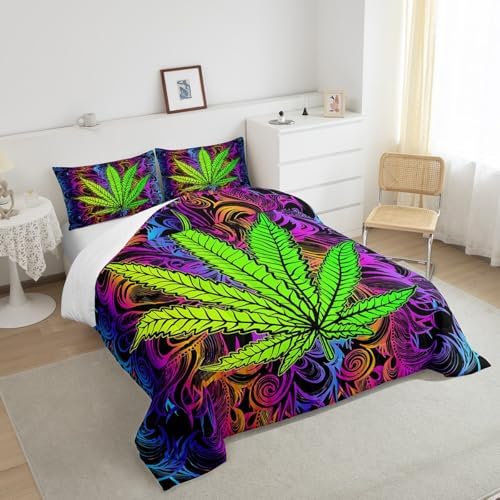 Erosebridal Boho Leaves Down Comforter, Teens Bohemia Leaf Comforter Set Full Size, Botanical Bedding Set for Kids Girls Women, Bohemian Quilted Duvet for Bedroom, Purple Green