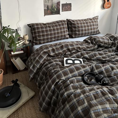mixinni Vintage Blue & Brown Buffalo Plaid Comforter Set Queen Size - 3-Piece Washed Cotton Soft Geometric Checkered Pattern Bedding Set for All-Seasons Lightweight & Breathable-Queen Size