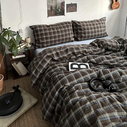 mixinni Vintage Blue & Brown Buffalo Plaid Comforter Set Twin XL Size - 3-Piece Washed Cotton Soft Geometric Checkered Pattern Bedding Set for All-Seasons Lightweight & Breathable-Twin XL Size