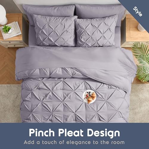 Nestl 9 Piece Queen Comforter Set – Grey Lavender Pinch Pleated Bed in a Bag – Complete Queen Size Bedding Set with Sheets, Set of 2 Cooling Pillows, Pillowcases and Shams