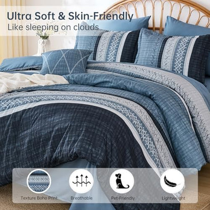 Dintszyayue Navy Blue King Comforter Size Set, 8 Pieces Striped Texture Bed in a Bag Bedding Sets, Lightweight Soft Comforter and Sheet Set, All Season Microfiber Teen Boys Bedding Sets for Men Women