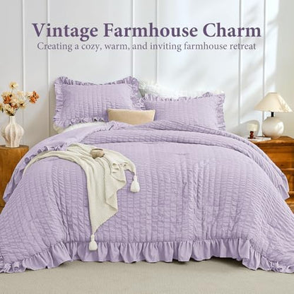 JOLLYVOGUE Lavender Oversized Queen Comforter Set,3pcs Seersucker Bed Set