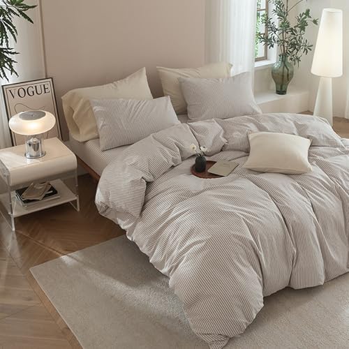 JIYUAN Super King Plus Washed Cotton Duvet Cover Set Linen-Like Pinstripe
