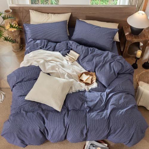 MooMee Striped Duvet Cover Set 100% Washed Cotton Linen Like King