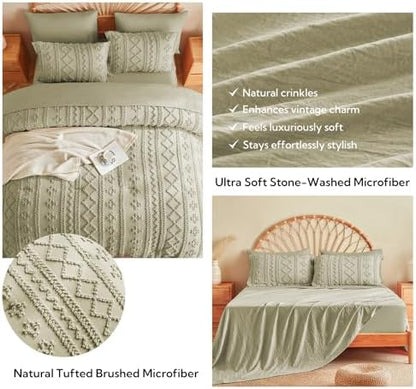 MR&HM King Size Comforter Set 7 Pieces, Boho Tufted Bedding Set Sage Green