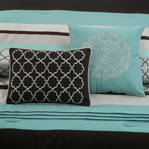 LANCO MODERN LIFESTYLE California King Comforter Set, Aqua Brown Bedding Set, Jacquard Woven with Embroidery, 8 Pieces Bed in a Bag, Bed Skirt, Shams and Decorative Pillows