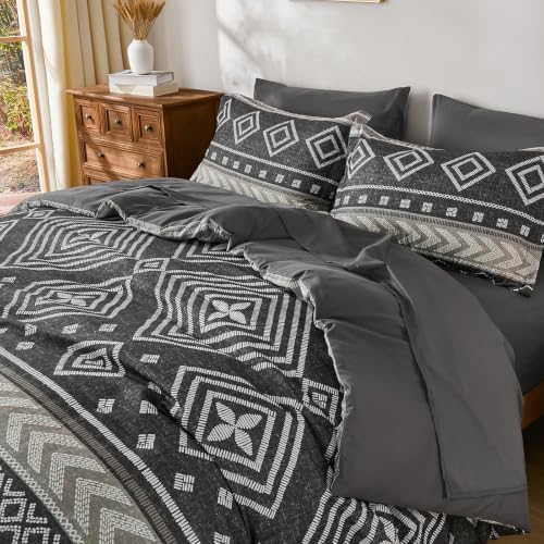 Yiran Boho Comforter Set Queen Size, 7 Pieces Aztec Grey Bed in a Bag
