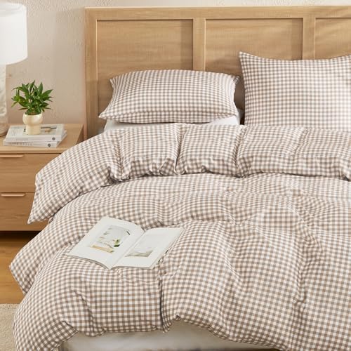 Andency Tan Gingham Duvet Cover Queen, Brown Checkered Plaid Bedding Set