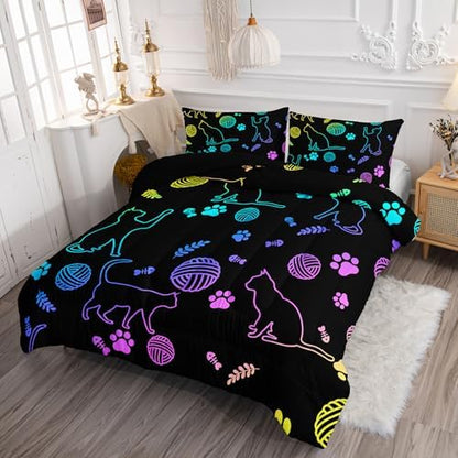 Axolotl Neon Cat Bedding Comforter Set King,Cartoon Cats Bedding Paw Ball of Yarn,Colorful Gradient Line Cats Kids Bed Set for Cat Lover Girls Boys Adults,Cartoon Animal Comforter with 2 Pillow Cases