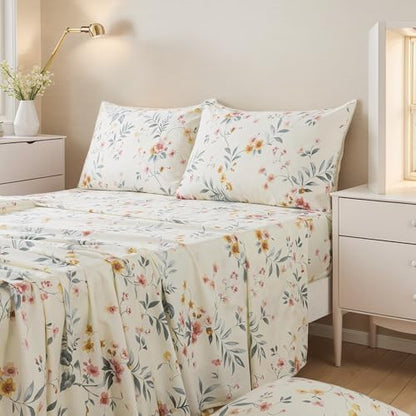 FADFAY Floral Sheets Set Twin XL Vintage Pink Floral Bedding Shabby Beige Botanical Sheets College Dorm Bedding 800 Thread Count Soft 100% Egyptian Cotton Deep Pocket Fitted Sheet 4Pcs, Twin XL Size