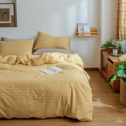 mixinni Yellow Gingham Comforter Set King, Plaid Comforter Set 3 Pieces 1 Yellow Grid Comfoter with 2 Pillow Cases for All Seasons, Soft Fluffy Modern Grid Pattern Printed Bedding-King Size