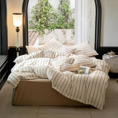 LifeTB Striped Comforter Set Full Size Grey Stripes Pattern Printed Comforter 3 Pieces Lightweight Boho Bedding Comforter Set for All Seasons Breathable Soft Fluffy Beige Comforter with 2 Pillowcases