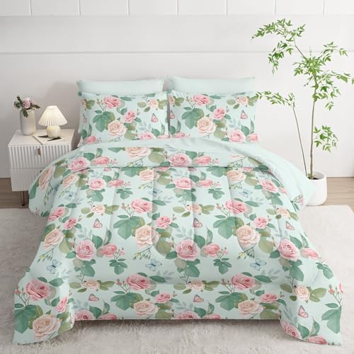7Pcs Comforter Set Butterfly Flowers Green Leaves Printed Bedding Set with 1 Comforter,1 Flat Sheet,1 Fitted Sheet and 4 Pillowcases for Boys and Girls Bedroom All Season(Full)