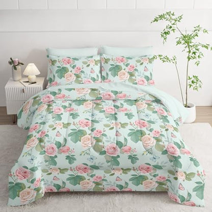 7Pcs Comforter Set Butterfly Flowers Green Leaves Printed Bedding Set with 1 Comforter,1 Flat Sheet,1 Fitted Sheet and 4 Pillowcases for Boys and Girls Bedroom All Season(Twin)