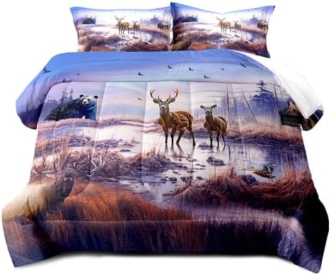 LUVIVIHOME 3PCS Cabin Comforter Set Full Size, Mallard Duck Elk Moose Black Bear Deer Bedding, Lake Forest Animal Wildlife Hunting Hunter Country Lodge Rustic Farmhouse Bedding, 2 Pillow Shams