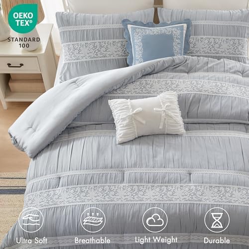 Madison Park 5-Piece Farmhouse Comforter Set with Ruching & Lace Trim, Soft Chambray Bedding, Includes Comforter and 2 Decorative Pillows, King, Blue