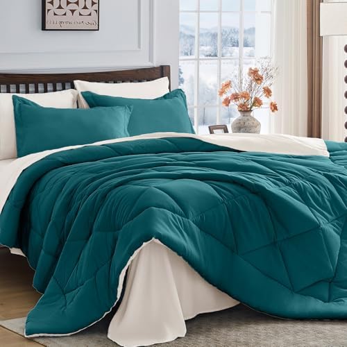 HEVUMYI 7-Piece Full Comforter Set, Peacock Blue & Ivory Bed in a Bag