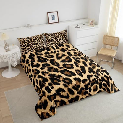 Leopard Print Comforter Set Black Brown Leopard Bedding Set Africa Leopard Pattern Duvet Set for Kids Boys Girls Children Women Bedroom Decorative Africa Wild Animal Theme Comforter Full Size 3Pcs