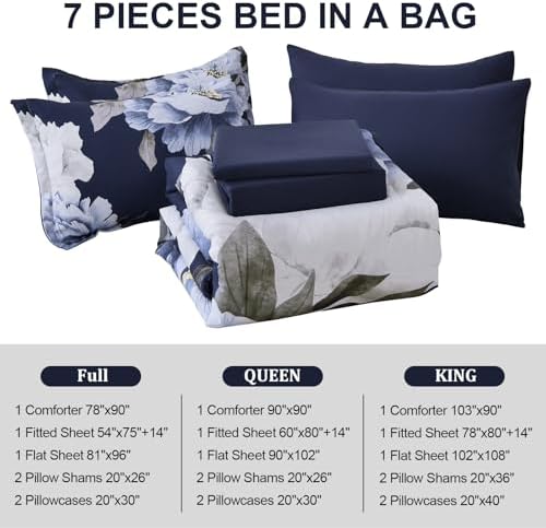 Dobuyly Navy Blue Full Size Comforter Set 7 Piece Bed in a Bag, Blue White Floral Comforter Set with Sheets, Soft Microfiber Botanical Flowers Complete Bedding Set for All Season
