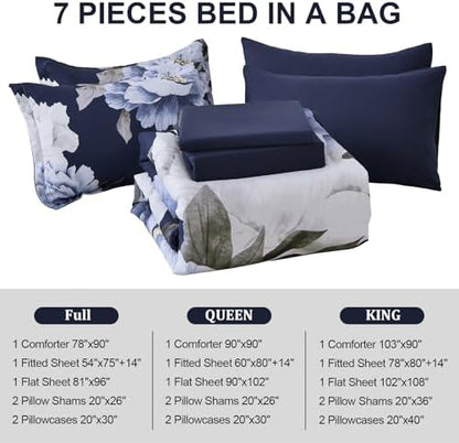 Dobuyly Navy Blue Full Size Comforter Set 7 Piece Bed in a Bag, Blue White Floral Comforter Set with Sheets, Soft Microfiber Botanical Flowers Complete Bedding Set for All Season