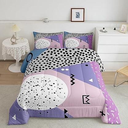 Manfei Memphis Comforter Set King Size, Abstract Geometric Retro Bedding Set 3pcs for Kids Girls Room Decor, 80s or 90s Fashion Style Quilt Set Soft Polyester Duvet Set with 2 Pillowcases