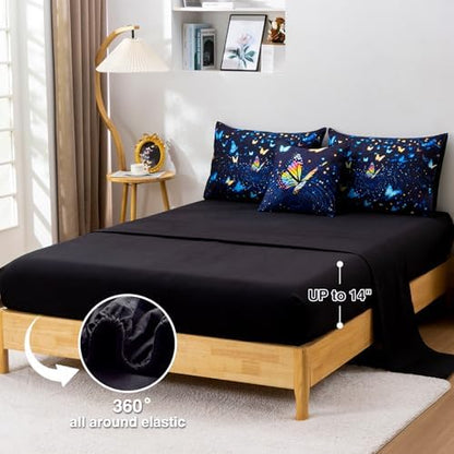 A Nice Night Butterfly 3D Kids Bedding Comforter Set，BlackBlue，Queen