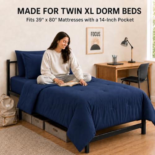 HIMEET Twin XL Comforter Set, 5-Piece Point-Quilted Bed in a Bag, Navy Blue