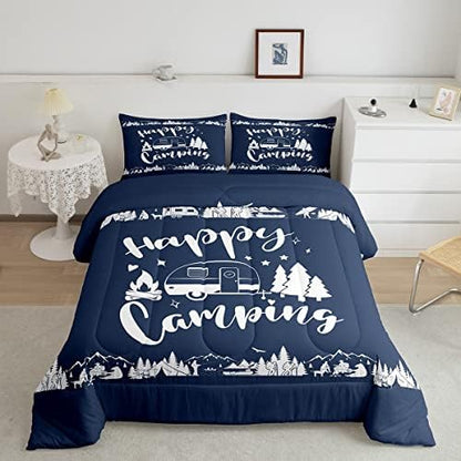 Happy Camping Comforter Set King Size,Camper RV Trailer Decor Rustic Bedding Set 3pcs for Kids Boys Girls Adults,Mountain Travel Adventure Down Comforter,Navy Blue Retro Duvet Insert,2 Pillowcases