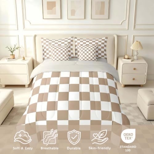 Feelyou Checkered Twin Comforter Set with Sheets for Kids Boys Girls Brown Plaid 7 Pieces Bedding Set Vintage Checkerboard Geometric Bed in a Bag Reversible Grey Room Decor Soft