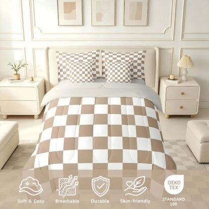 Feelyou Checkered King Comforter Set with Sheets for Kids Boys Girls Brown Plaid 7 Pieces Bedding Set Vintage Checkerboard Geometric Bed in a Bag Reversible Grey Room Decor Soft