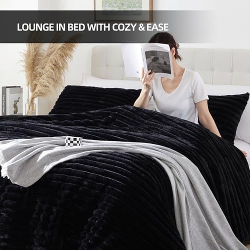 Smoofy Fluffy Full Size Comforter 3 PCS - Black Fleece Bedding Set