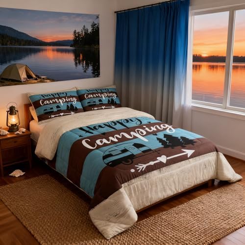 Manfei Happy Camping RV Kids Comforter Set King Size,Pine Wooden Cabin Rustic Farmhouse Bedding Set,Girls Boys Room Decor,Adventure Camper Quilt Comforter,Blue Country Duvet Insert,2 Pillowcases